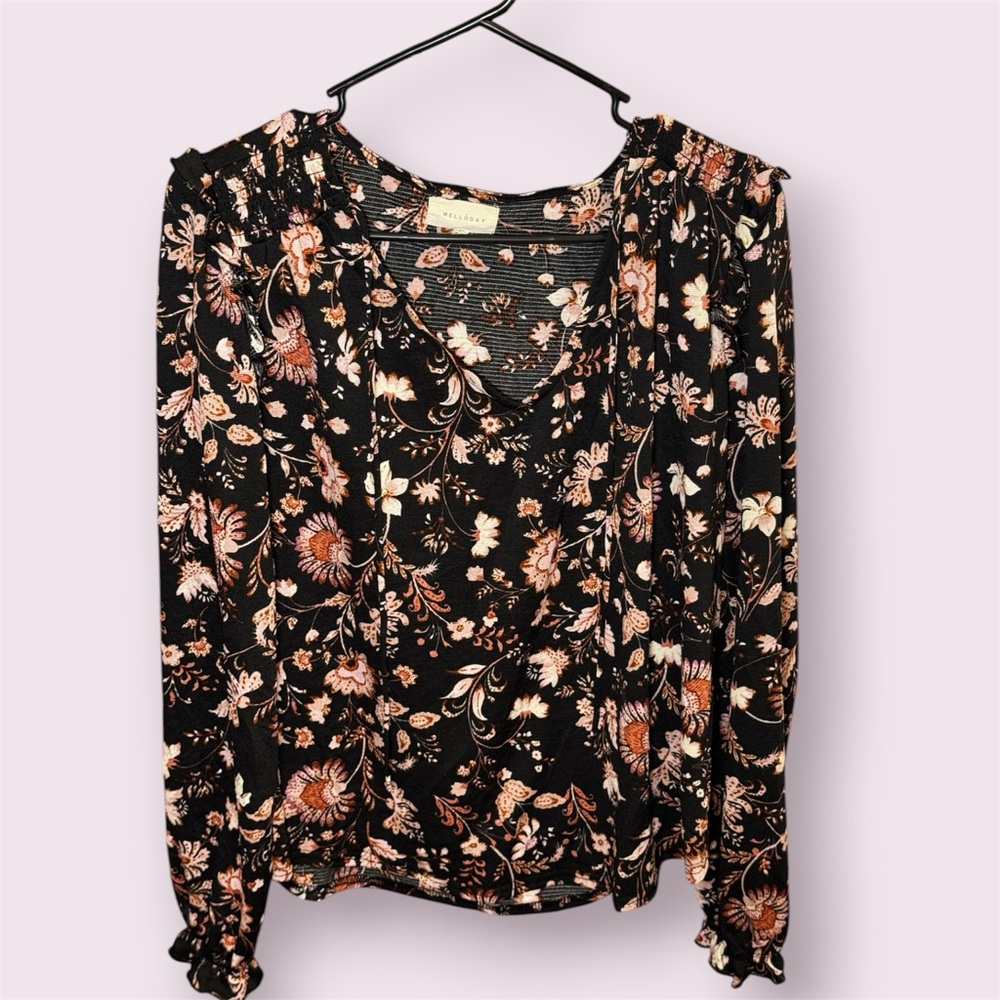 Melloday‎ Black Floral Ruffle Blouse Long Sleeve Size Large Boho